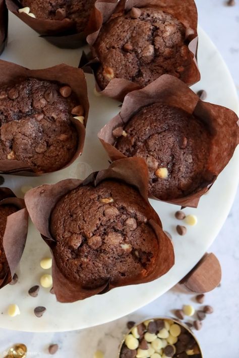 Triple Chocolate Muffins! Janes Patisserie Muffins, Choc Chip Cake Recipe, Triple Chocolate Muffins Recipe, Triple Chocolate Cupcakes, Valentine Baking Recipes, Jane Patisserie, Dessert Muffins, Halloween Baking Recipes, Choc Muffins