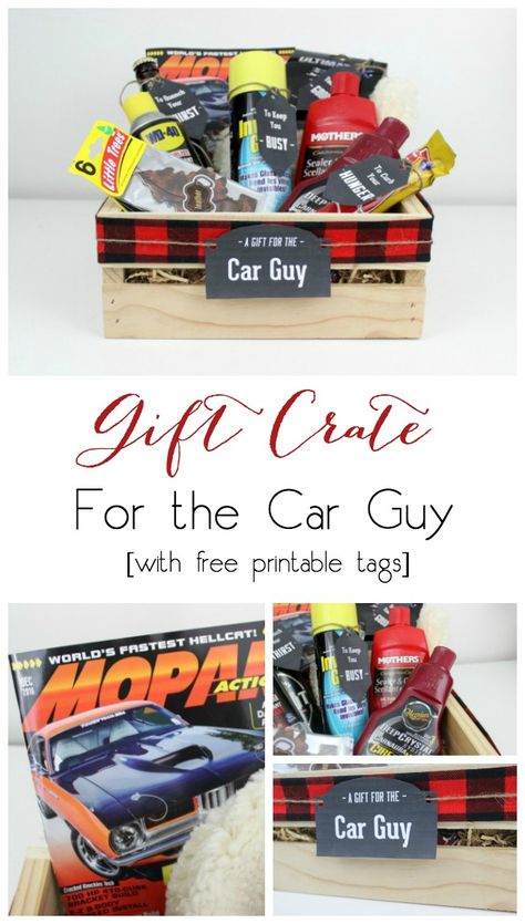 Perfect for the Car Guy! Instead of gift baskets, why not opt for the more manly Gift Crate?! The perfect crate for any guy on your list, plus an amazing list of suggestions! Gifts For Boyfriend Long Distance, Coffee Lover Gifts Basket, Diy Spa Gifts, Gifts For Car Guys, Christmas Gift Baskets Diy, Gift Baskets For Him, Gift Crates, Gifts For Guys, Car Guy Gifts