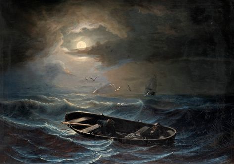 On a Stormy Sea by Nils Jakob Olsson Blommér (or Nils Johan Olsson Blommér) (b. 12 June 1816; Blommeröd, a village in Scania (locally: Skåne), Sweden – d. 1 February 1853; Italy) Canvas 109.5 × 156 cm.  https://en.wikipedia.org/wiki/Nils_Blomm%C3%A9r http://runeberg.org/sbh/a0109.html http://www.nationalmuseum.se/sv/Om-samlingarna1/Hojdpunkter-maleri/Angsalvor/ Moonlight Painting, Rough Seas, Sea Of Thieves, Stormy Night, Stormy Sea, Boat Painting, Sea Painting, Sea Art, Ocean Painting