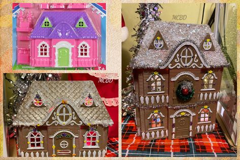 Gingerbread House From Doll House, Dollar Tree Doll House Gingerbread, Gingerbread House Doll House, Dollar Tree Dollhouse Gingerbread House, Doll House To Gingerbread House, Doll House Gingerbread House, Dollar Store Gingerbread House, Christmas Doll House Diy, Dollar Tree Dollhouse Christmas