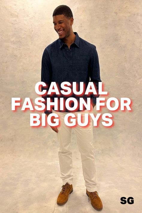 Looking for big and tall fashion for young men? Fashion for big men can be on-trend, stylish and comfortable — and we’re showing you how with business casual outfit ideas for bigger guys. Click here for a week’s worth of business casual attire for big guys. Cocktail Party Outfit Men Big And Tall, Rectangle Body Shape Outfits Male, Fashion For Big Men, Big And Tall Men Outfits, Business Casual Big Men, Fashion For Big Guys, Style For Big Men, Men Urban Fashion, Outfits For Big Men