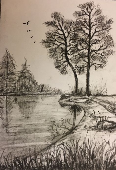 Pencil Art Drawings Senary, Landscape Sketch Pencil Nature Easy, Pencil Drawings Scenery, Landscape Sketch Pencil Nature, Nature Sketches Pencil Beautiful, Nature Pencil Sketches, Natural Scenery Drawing Pencil, Black And White Landscape Drawing, Landscape Drawings Pencil