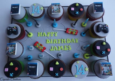 Playstation themed cupcake board - Cake by Cupcakecreations Gaming Theme Cupcakes, Gamer Cupcakes Birthday, Gamer Cupcakes, Ps4 Cake, Playstation Party, Playstation Cake, 12th Birthday Cake, Video Games Birthday Party, 17th Birthday Ideas