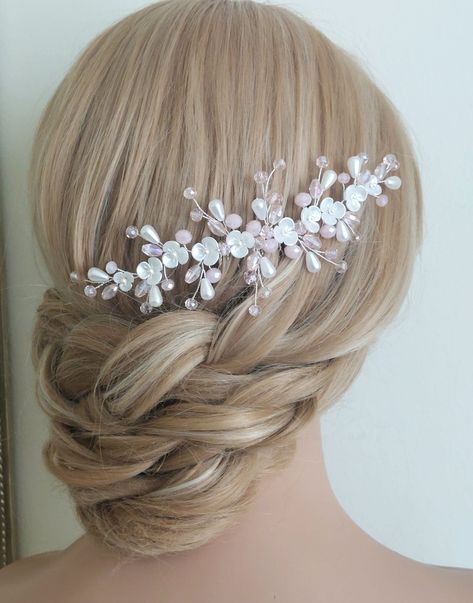 Pink Prom Hair, Bridal Side Hair, Light Pink Prom, Wedding Blush Pink, Pastel Pink Weddings, Light Pink Crystal, Pink Hair Accessories, Light Pink Blush, Silver Hair Comb