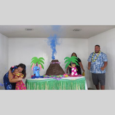 Hawaiian theme Gender reveal  Volcano reveal LILO and stitch Gender Reveal Ideas Hawaiian, Stitch And Angela Gender Reveal, Kilo And Stitch Gender Reveal, Gender Reveal Hawaiian Theme, Stitch And Angel Gender Reveal Decorations, Lilo Stitch Gender Reveal, Gender Reveal Lilo And Stitch, Gender Reveal Ideas Lilo And Stitch, Stitch Or Angel Gender Reveal Ideas