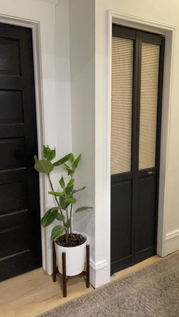 Bifold Door For Toilet Room, Laundry Room Accordian Door Ideas, Bifold Basement Door, Modern Bifold Door, Redo Closet Doors Bifold, Alternative Doors Ideas, Bathroom Bifold Door Ideas, Hallway Closet Door Makeover, Mid Century Modern Bifold Closet Doors