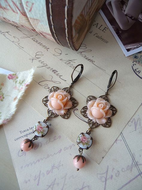 Elegant Rose-colored Floral Jewelry, Elegant Handmade Peach Jewelry, Vintage Peach Jewelry For Gifts, Pink Handmade Vintage Flower Earrings, Handmade Peach Dangle Earrings, Ballet Earrings, Vintage Style Earrings, Oxidized Brass, Vintage Style Jewellery