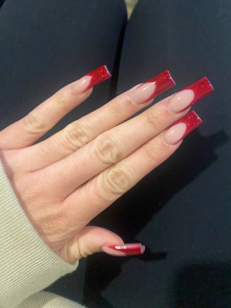 Red Glitter Square Nails, Red French Tip Tapered Square Nails, Black And Red French Nails, French Tip Tapered Square, Long Square Acrylic Nails Red Glitter, Red French Tip Toes, Long Tapered Square Nails Red, Red Glitter French Tip, Long Red Sparkly Nails