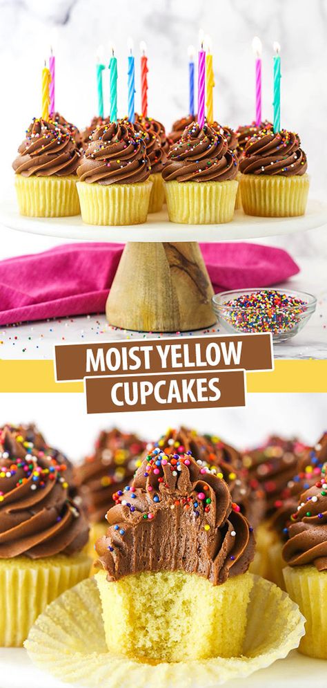 Yellow Cupcakes With Chocolate Frosting, Moist Yellow Cupcake Recipe, Yellow Cake Chocolate Frosting, Best Cupcake Recipe, Yellow Cake Cupcakes, Frosting For Chocolate Cupcakes, Cupcakes With Chocolate Frosting, Creamy Chocolate Frosting, Moist Cupcakes