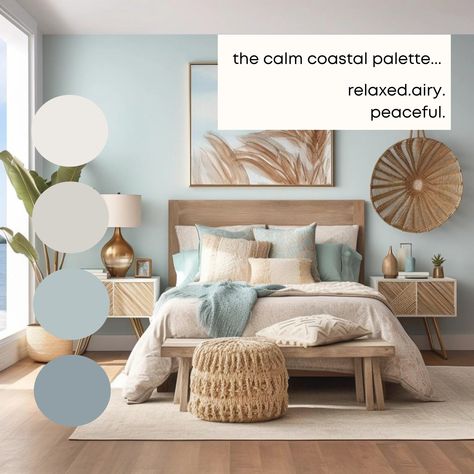 Calm Coastal Benjamin Moore Paint Palette - Modern Neutral Interior Pa – Millie Hart Interiors Calm Colours For Bedroom, Sea Blue Color Palette, Wood Bedroom Furniture Decor Ideas, Lakeside Bedroom, Hart Interiors, Sea Apartment, Coastal Rooms, Color Palette For Home, Neutral Interior Paint Colors