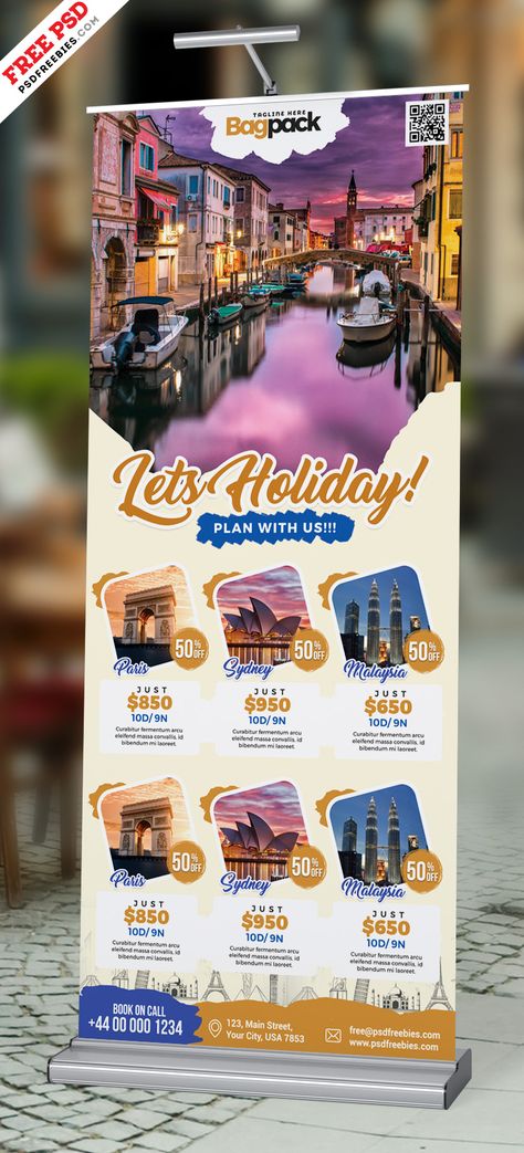 Travel Tourism Roll-up Banner PSD Travel And Tourism Design, Travel Standee Design, Travel Roll Up Banner, X Stand Banner, Roll Up Banner Design Inspiration, Stand Banner Design, Travel Banner Design, Standee Design Ideas, Roll Banner Design