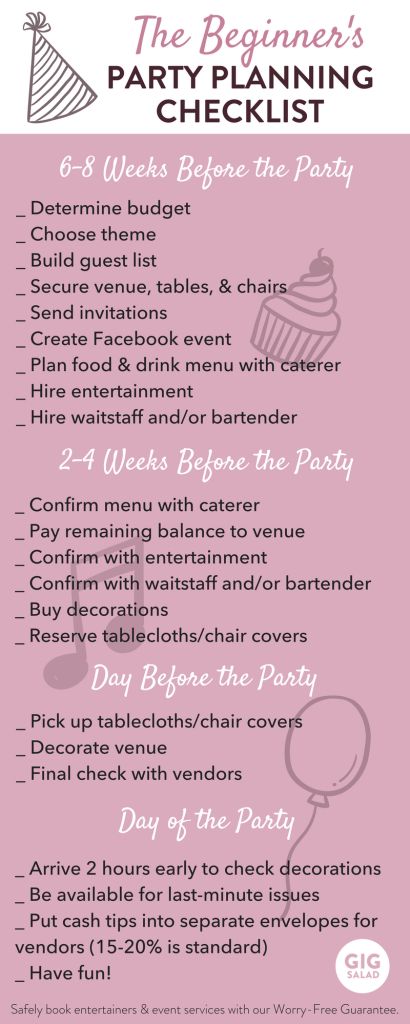 The Beginner's Party Planning Checklist | The GigSalad Community Intimate 18th Birthday Party Ideas, Birthday Plans Ideas At Home, Intimate Birthday Ideas, Baby Shower Planning Checklist, 18th Party Ideas, 18th Party, Birthday Party Essentials, Baby Shower Checklist, Party Planning Business