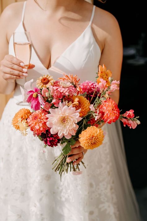 Dahlia Bridal Bouquet, Dahlia Wedding Bouquets, Dahlia Wedding, Orange Bridal Bouquet, September Wedding Flowers, Orange Wedding Bouquet, Orange And Pink Wedding, Colorful Bridal Bouquet, Simple Wedding Bouquets