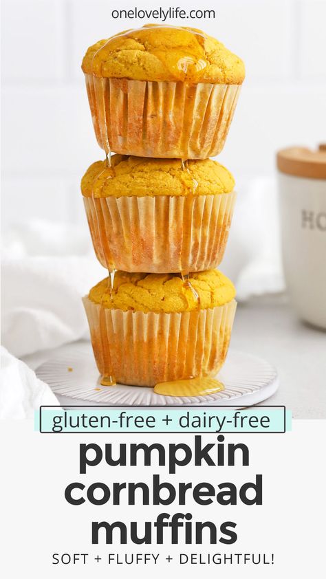 Gluten-Free Pumpkin Cornbread Muffins - These light, fluffy pumpkin cornbread muffins are an all-time favorite. The perfect cozy accompaniment to chilis, soups, salads, and more! (Gluten & Dairy Free) // cornbread muffins // gluten free cornbread muffins // pumpkin cornbread recipe // #glutenfree #dairyfree #cornbread #cornbreadmuffins #pumpkin #pumpkinmuffins Dairy Free Cornbread Recipe, Dairy Free Cornbread, Pumpkin Cornbread Muffins, Gluten Free Cornbread Muffins, Pumpkin Cornbread Recipe, Gluten Free Corn Muffins, Gluten Free Cornbread Recipe, Muffins Pumpkin, Cornbread Muffins Recipe