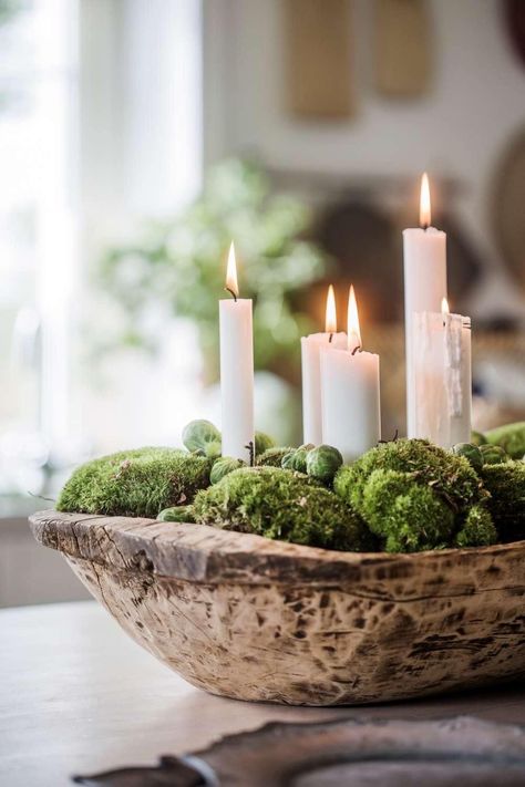 Cozy Candlelight, Natal Natural, Dough Bowl Centerpiece, Navidad Natural, Natural Christmas Decor, Neutral Christmas Decor, Moss Covered, Advent Wreath, Natural Christmas