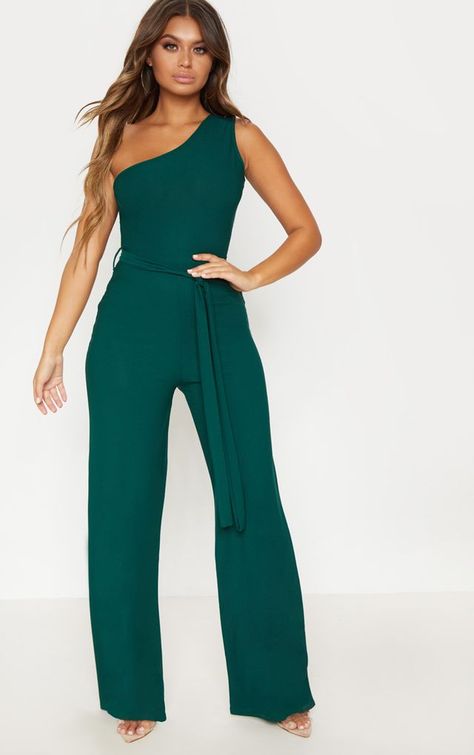 Jumpsuits and Rompers | Unitards | PrettyLittleThing USA Green Formal Jumpsuit, Green Jumpsuit Outfit, Emerald Green Jumpsuit, Military Jumpsuit, Cocktail Jumpsuit, Formal Jumpsuit, Tie Waist Jumpsuit, Wedding Jumpsuit, One Shoulder Jumpsuit