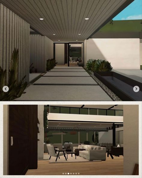 Bloxburg Driveway Ideas Modern, Bloxburg Modern Garage Ideas, Bloxburg House Ideas Villa, Bloxburg Driveway Ideas Aesthetic, Bloxburg Glass House, Bloxburg Mansion Entrance Ideas, Bloxburg Modern Foyer, Bloxburg Modern House Interior Entrance, Bloxburg Contemporary House