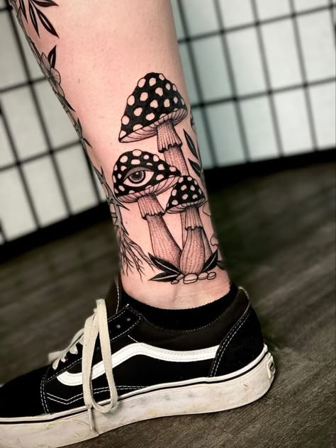 Trippy Leg Tattoos, Mushroom Tattoo Leg, Mushroom Leg Tattoo, Mushroom Sleeve Tattoo, Mushroom Tattoo Sleeve, Magic Mushroom Tattoo, Trippy Mushroom Tattoo, Quirky Tattoos, Mushrooms Tattoo