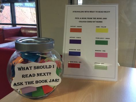 What should I read next? Ask the ‘Book Jar’……. Book Jar, Passive Programming Library, Reading For Pleasure, Sciences Po Paris, Passive Programs, Library Lesson Plans, Library Media Specialist, Middle School Libraries, Reading Bulletin Boards