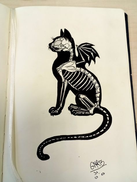 Cat Skeleton Sitting, Skeleton Cat Drawing, Cat Skeleton Drawing, Skeleton Cat Tattoo, Cat Skeleton Tattoo, Three Headed Cat, Skeleton Cat, Tiny Canvas, Bat Cat