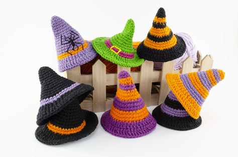 Crochet Mini Witch Hat Halloween Hat Crochet, Crochet Witch Hat Pattern, Witch Hat Tutorial, Crochet Halloween Hat, Witch Hat Pattern, Crochet Witch Hat, Crochet Witch, Magic Ring Crochet, Crochet Pour Halloween