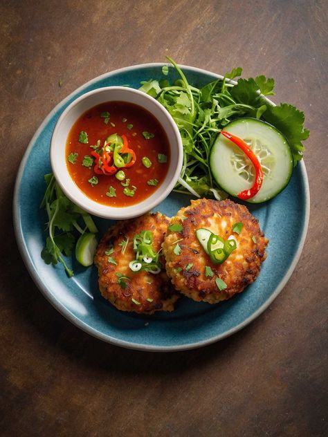 Serving Thai Fish Cakes Tuna Fish Cakes, Thai Fish Cakes, Air Fryer Fish Recipes, Thai Fish, Fish Cakes Recipe, Tuna Cakes, Recipe Web, Simple Vinaigrette, Salad Mixed Greens