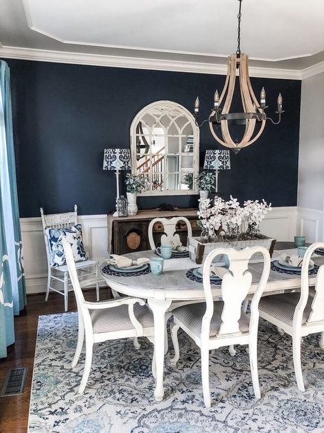 Navy paint on an accent wall brought a bold pop to my dining room transformation! #farmhouse #farmhousedecor #homedecor #decor #decoratingideas Dining Room Navy, Dining Room Transformation, Dining Room Accent Wall, Navy Paint, Dining Room Accents, Room Accent Wall, Dining Room Blue, Dining Room Remodel, White Dining Room