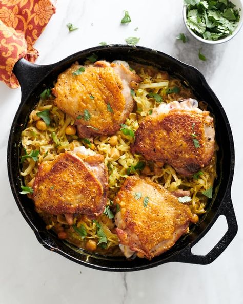 "To break in a new skillet, I've found that it really helps to make a batch of good old-fashioned fried chicken." READ MORE... Mall Chicken, Best Cabbage Recipe, Skillet Chicken Thighs, Pan Shrimp, Shrimp Fajitas, Chicken Skillet Recipes, Recipes Oven, Cafe Delites, Chicken Teriyaki