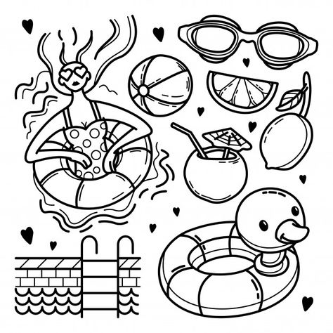 Hand drawn swimming pool doodle set | Premium Vector #Freepik #vector #water Swimming Doodle Art, Pool Float Doodle, Pool Illustration Art, Pool Drawing Simple, Pool Doodle Drawings, Swimming Doodle, Water Doodles, Swim Drawing, Swimming Pool Drawing