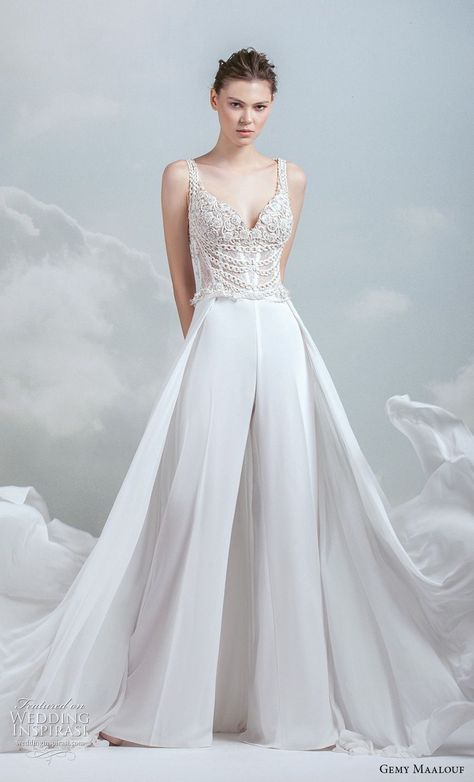 gemy maalouf 2019 bridal sleeveless with strap sweetheart neckline heavily embellished bodice modern long pants wedding dress a  line overskirt chapel train (4) mv -- Gemy Maalouf 2019 Wedding Dresses | Wedding Inspirasi #wedding #weddings #bridal #weddingdress #bride ~ Pants Wedding Dress, Gemy Maalouf, Bride Silhouette, Wedding Pantsuit, Wedding Pants, Wedding Dress A Line, Jump Suits, Contemporary Bride, Wedding Inspirasi