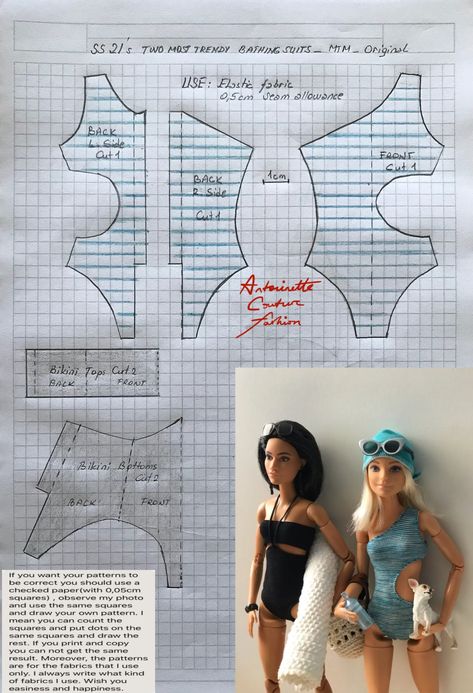 Fashion Dolls Couture - Unlimited: SS21's two most trendy swimsuits..🩱🌞🏝⛱🏖 Barbie Bathing Suit Pattern, Barbie Swimsuit Pattern, Barbie Dress Pattern Printable, Diy Barbie Clothes Patterns, Barbie Swimsuit, Accessoires Barbie, Barbie Dress Pattern, Barbie Sewing, Sewing Barbie Clothes