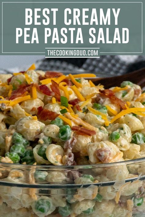 Close-up of peas pasta salad in a clear bowl Pea And Bacon Pasta Salad, Cold Pea Pasta Salad, Cold Penne Pasta Recipes, Simple Cold Side Dishes, Sweet Pea Pasta Salad, Pasta Pea Salad Recipes, Pea And Pasta Salad, Pea Noodle Salad, Macaroni Pea Salad Recipes