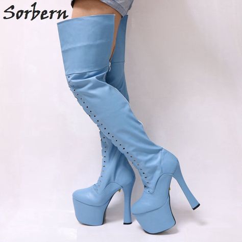 Light Blue Thigh High Boots, Blue Thigh High Boots, Aliexpress Finds, Platforms Shoes, High Boots For Women, Light Sky Blue, Thigh High Boots Heels, Over The Knee Socks, Chunky High Heels