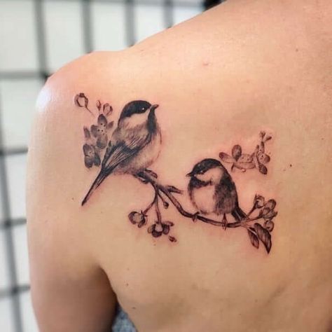 Cute Bird Tattoos For Women, Chickadee Tattoo Meaning, Tattoo Chickadee, Two Chickadees Tattoo, Two Bluebirds Tattoo, Chickadee And Lilac Tattoo, Mountain Chickadee Tattoo, Momma Bird And Baby Bird Tattoo, Bird On Shoulder Tattoo