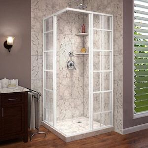 Dreamline French Corner, Modern Industrial Bathroom, Corner Shower Kits, Square Shower Enclosures, Corner Shower Enclosures, Walk In Shower Designs, Corner Shower, Shower Kits, Rustic Bathroom