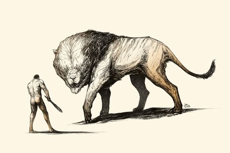 (10) CrimReaper on Twitter: "A friend told me to draw a cat so I drew Heracles vs the Nemean Lion #creaturedesign #mythology https://t.co/qeqaDgvcVw" / Twitter Lion God, Roman Design, Draw A Cat, Nemean Lion, Lion Drawing, Conceptual Design, Creature Design, Ancient Greek, Aliens