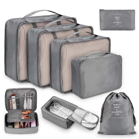 Amazon.com | Packing Cubes for Travel, 8Pcs Compression Travel Cubes Set Foldable Suitcase Organizer Lightweight Luggage Storage Bag (Beige) | Packing Organizers Suitcase Organizer, Travel Luggage Packing, Travel Luggage Organization, Travel Laundry Bag, Luggage Storage Bag, Travel Bag Set, Suitcase Organization, Travel Cubes, Large Storage Bags