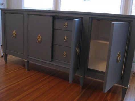 This is gorgeous too!  You should see the "befores!" Painted Credenza, Credenza Makeover, Bungalow Decor, Few Highlights, Credenza Design, Wood Repair, Sideboard Grey, Apartment Makeover, Futuristic Furniture