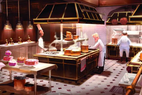 Movie Kitchens: "Ratatouille" Pixar Concept Art, Ratatouille Movie, Ratatouille Disney, Animation Disney, Color Script, Disney Concept Art, Draw Picture, Kitchen Concepts, French Restaurants