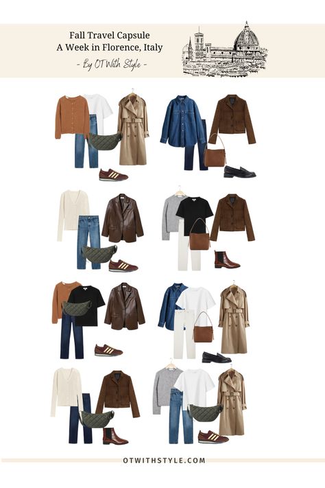 What to pack for a one-week trip to Florence and Tuscany this fall? Pack a travel capsule wardrobe in a classic casual style for a fall vacation in Italy with me. Travel Capsule Wardrobe Spain Fall, 54321 Packing Fall, Pack For Italy In September, Light Packing Outfits, What To Wear In Italy In October, Japan Wardrobe, Travel Outfit Fall, Italy In The Fall, Italy Outfits Fall