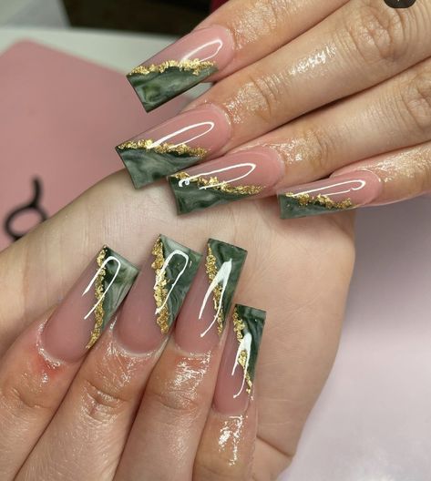 Green Pink Gold Nails, Green And Gold Marble Nails, Green And Gold Short Nails, Enchanted Garden Nails, Green White And Gold Nails, Green And Gold Nails Acrylic, Green Gold Nails, Emerald Nails, Dark Green Nails