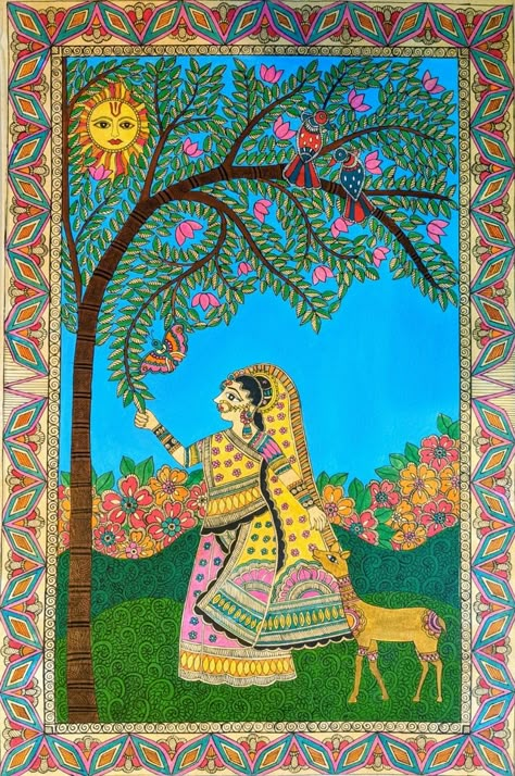 Madhubani Wedding Painting, Large Madhubani Paintings, Madhubani Paintings Traditional Krishna, Madhubani Art Krishna, Madhubani Paintings Traditional, Traditional Madhubani Art, Tattoo Hindu, Chamba Rumal, Mithila Art