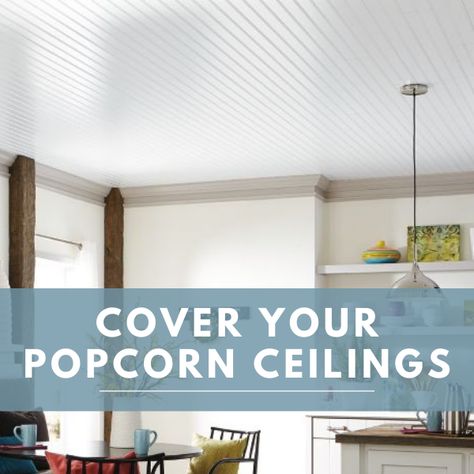 The most beautiful ceiling styles also happen to be affordable options for covering an old popcorn ceiling. With a shimmer of patterned metal, the richness of wood, the delightful charm of beadboard, or the essence of old world plaster, it’s time to transform your home ceilings. Covering Popcorn Ceiling, Easy Home Improvement Projects, Shiplap Ceiling, Armstrong Ceiling, Easy Home Improvement, Plank Ceiling, Diy Hanging Shelves, Beadboard Ceiling, Popcorn Ceiling