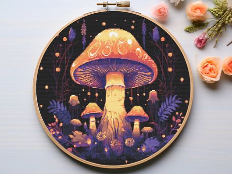 Mushroom Cross Stitch Pattern, Mushrooms Embroidery, Witchy Cross Stitch, Mushroom Cross Stitch, Counted Embroidery, Bright Cross Stitch, Mushroom Embroidery, Fall Embroidery, Glowing Mushrooms