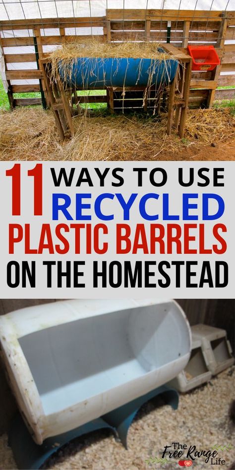 Plastic Barrel Projects, Plastic Barrel Ideas, Barrel Garden Planters, Plastic Barrel Planter, Homestead Projects, Recycled Barrel, Tumbling Composter, Recycling Materials, Barrels Diy