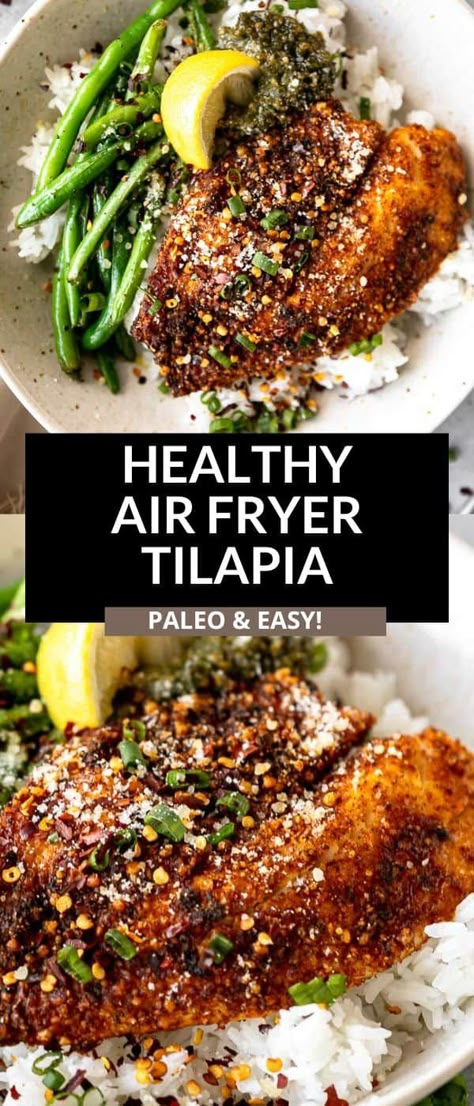 This simple parmesan crusted air fryer tilapia is a healthy and easy dinner. Serve this tilapia with rice and veggies for a healthy, paleo, gluten free and keto dinner that is ready in 20 minutes. Easy Tilapia Recipes Air Fryer, Keto Parmesan Crusted Tilapia, Tilapia Recipes With Rice, Parmesan Crusted Tilapia Air Fryer, Tilapia In Air Fryer Recipe, White Fish Air Fryer, Air Fried Tilapia Recipes, Tilapia Healthy Recipes, Healthy Fish Dinner Recipes Clean Eating