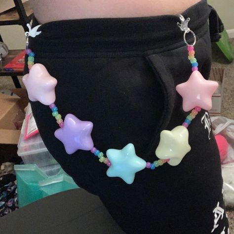 Star Belt Chain, Cute Star Clothes, Kidcore Fashion Pastel, Pastel Clowncore Fashion, Purple And Green Outfits, Spacecore Fashion, Pastel Kandi, Space Grunge Fashion, Weirdcore Clothes