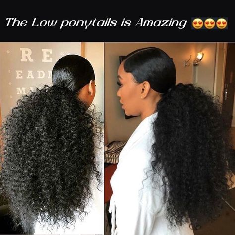 Curly Pony Wedding Hair, Curly Hair Ponytail Styles Wedding, Summer Evening Party Outfit, Middle Part Low Curly Ponytail, Black Hairstyles Curly Hair, Hairstyles For Black Bridesmaids, Long Curly Ponytail Black Women, Black Hair Wigs, Weave Ponytail Hairstyles