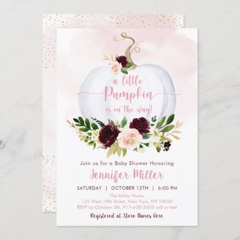 Fall Pumpkin Pink Burgundy Gold Baby Shower - Popular Zazzle Product! Best choice, tags : #invitations, #tshirt, #card, #InvitationsCard, #legging, #trending, #holiday Burgundy Baby Shower, Gold First Birthday, Gold Baby Shower, Boho Baby Shower Invitations, Pumpkin Birthday, Woodland Baby Shower Invitations, Floral Baby Shower Invitations, Gold Baby Showers, Baby Shower Pumpkin