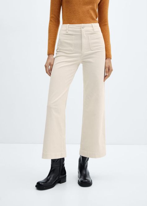 Corduroy culotte trousers - Women | Mango United Kingdom Culottes Shoes, Jumpsuit Mango, Cord Trousers, Mango Jeans, Corduroy Fabric, Kick Flares, Cropped Trousers, Mid Rise Jeans, Flare Pants